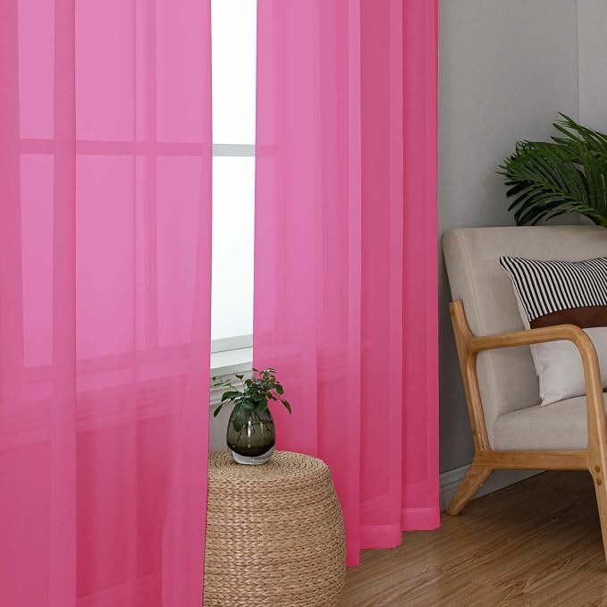 OWENIE Short Hot Pink Sheer Curtains 30 Inch Length 2 Panels Set, Kitchen - Image 3