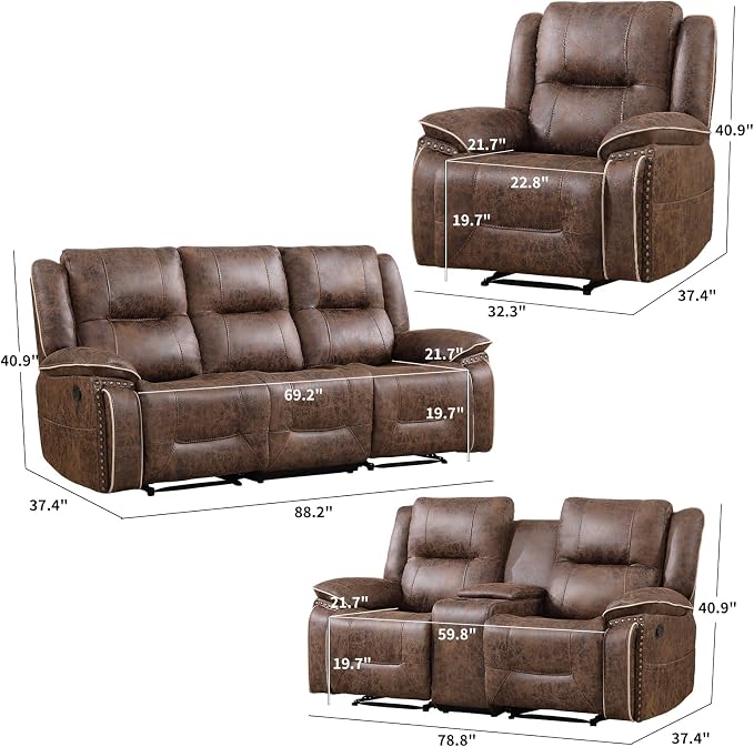 EBELLO Faux Leather Manual Recliner Sofa Set, 1 Seat Reclining Chair, a Loveseat - Image 2
