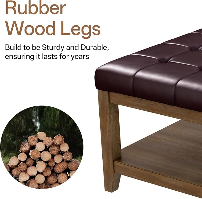 ABHENG 31.5” Large Square Storage Ottoman, Upholstery Solid Rubberwood Coffee - Image 4