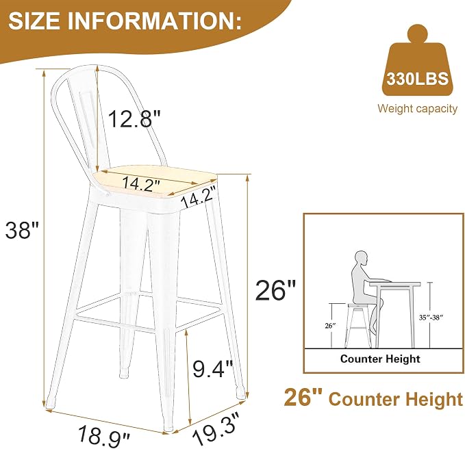 Andeworld Metal Bar Stools Set of 4, 26 inch Counter Height Barstools - Image 2