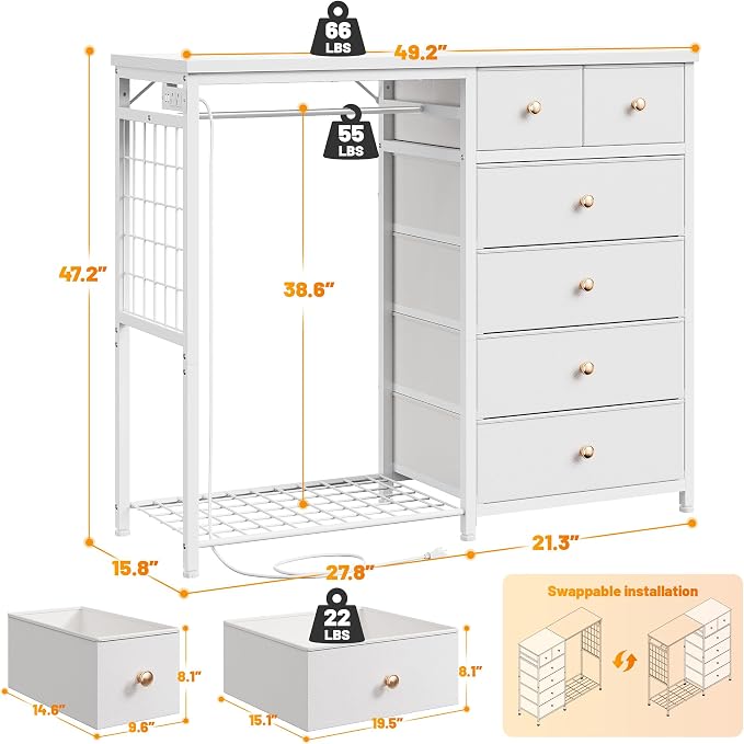 EnHomee 49.2" W Dresser with Hanging Rack & 6 Fabric Drawers - Image 2