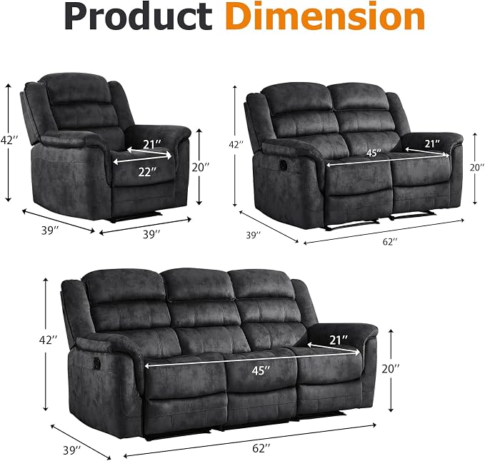 EBELLO 3 Pieces Reclining Living Room Set, Overstuffed Soft Fabric Manual - Image 2