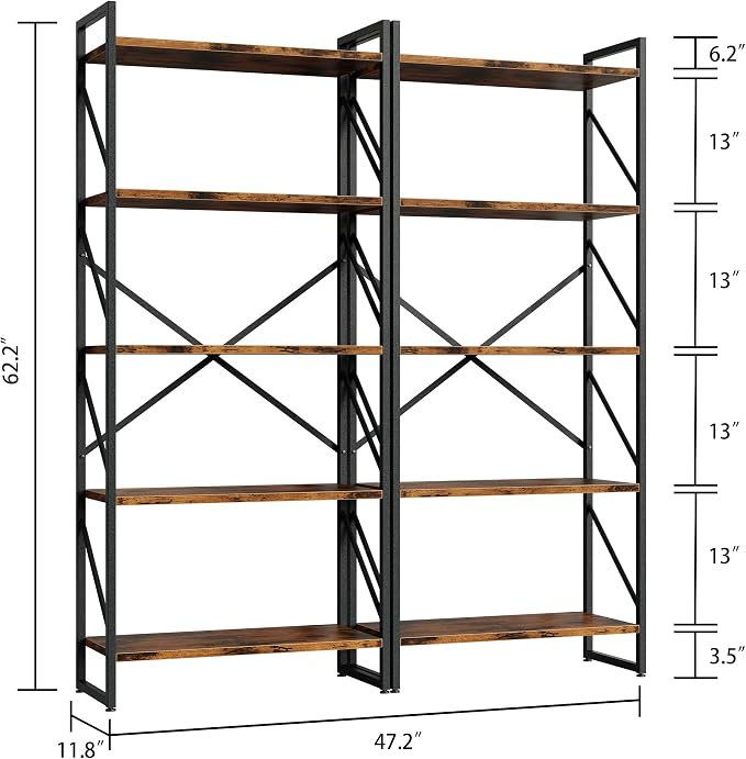 Shintenchi 5 Tiers Bookshelf, Classically Tall Bookcase Shelf, Industrial Book - Image 2