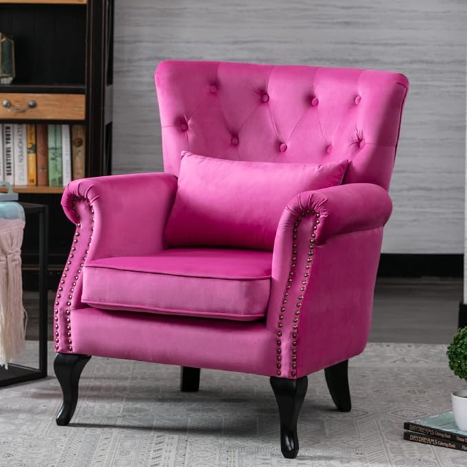 Set of 2 Mid-Century Modern Accent Chair, Velvet Armchair w/Tufted Back/Wood - Image 2