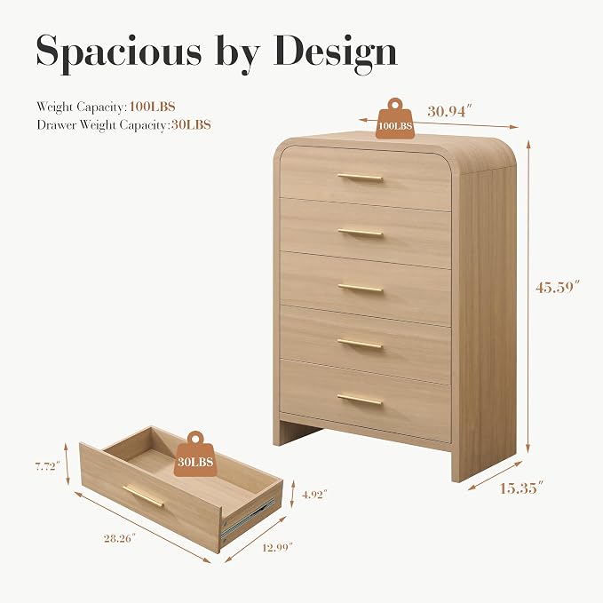 Curved 5-Drawer Dresser for Bedroom, 45.59" Tall Modern Chest of Drawers - Image 2