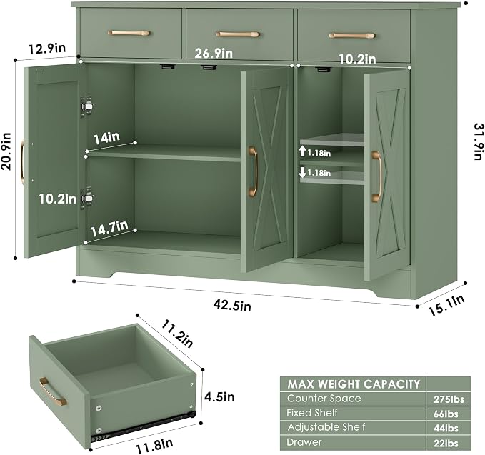 HOSTACK Modern Farmhouse Buffet Sideboard Cabinet, Barn Doors Storage Cabinet - Image 3