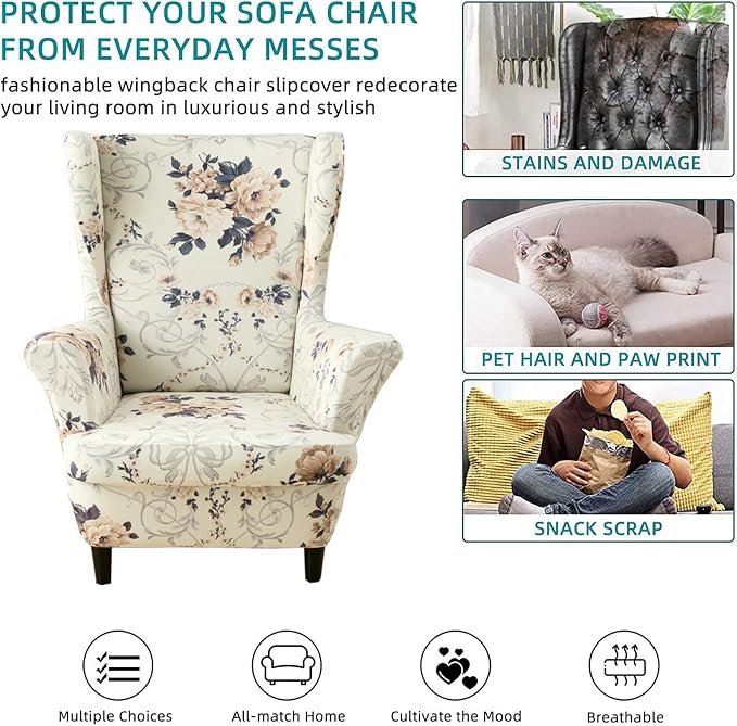 KRFOONN Velvet Wing Chair Slipcovers 2 Piece Stretch Printed Wingback Chair - Image 6