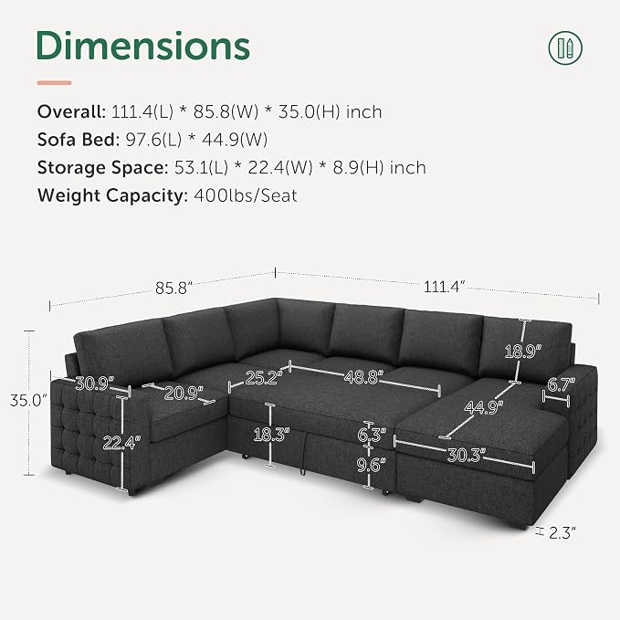 HONBAY Sectional Couch with Pull Out Bed, Sectional Sleeper Sofa with Storage - Image 2