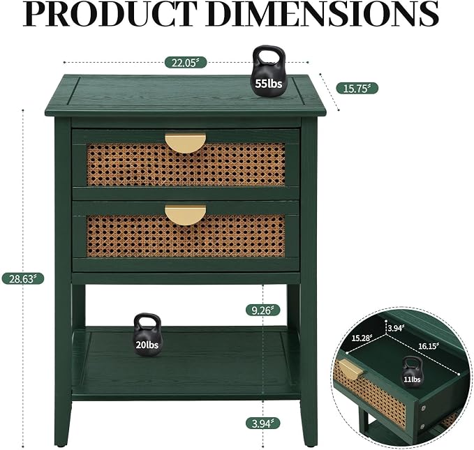 22" Green Coffee Side Tables, Boho Accent Storage Cabinets - Image 2