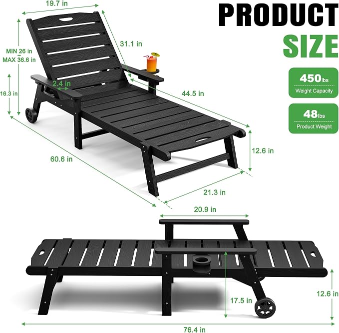 Outdoor Lounge Chair with 5-Position Adjustable, Outside Lounge Chair with Cup - Image 3