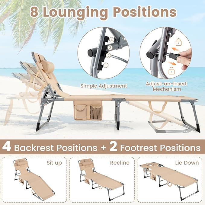 Goplus Tanning Chair, Folding Adjustable Patio Lounge Chair - Image 4