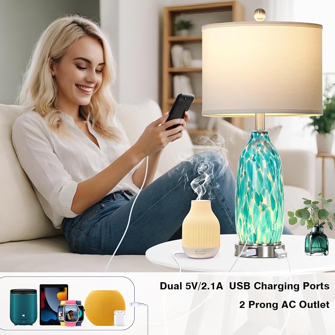 Rinweey 26" Peacock Green Glass Table Lamps Set of 2, Coastal Nautical Bedside - Image 2