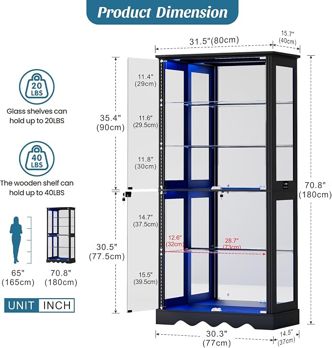 Dystler Display Cabinet with Glass Doors, LED Display Case with Removable Shelf - Image 2