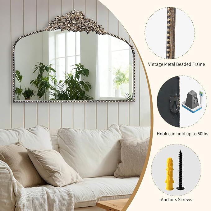 Arch Antique Black Mirror, 40x30inch Baroque Style Vintage Mirror, Metal Frame - Image 3