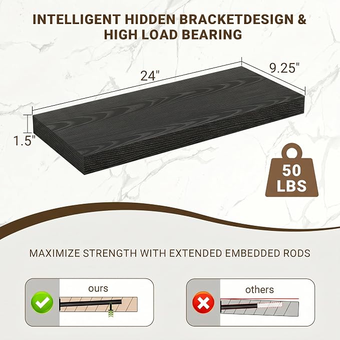 Acovy 24 Inch Floating Shelves, Wooden Shelves - Image 3