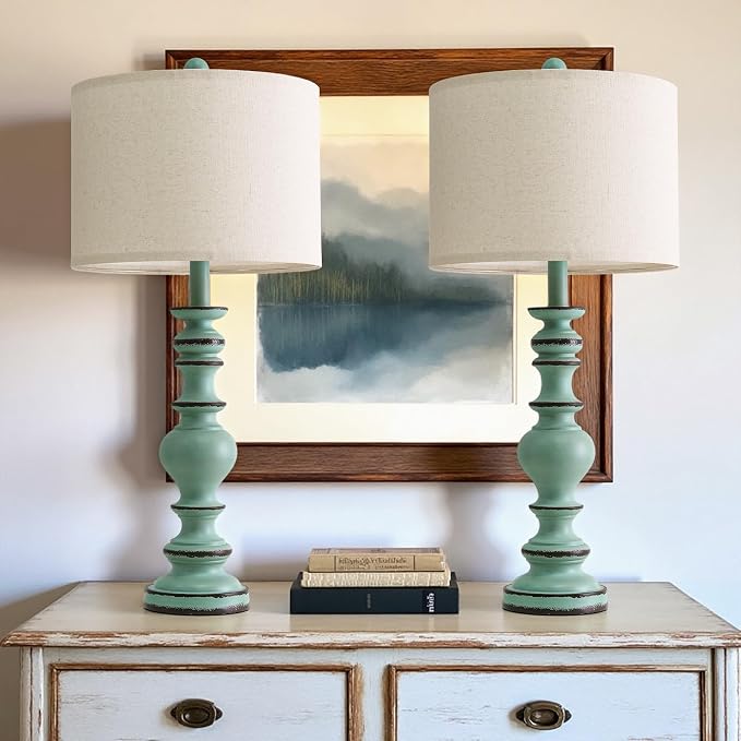 BOBOMOMO 27" Distressed Teal Table Lamps Set of 2, Large Coastal Farmhouse - Image 4