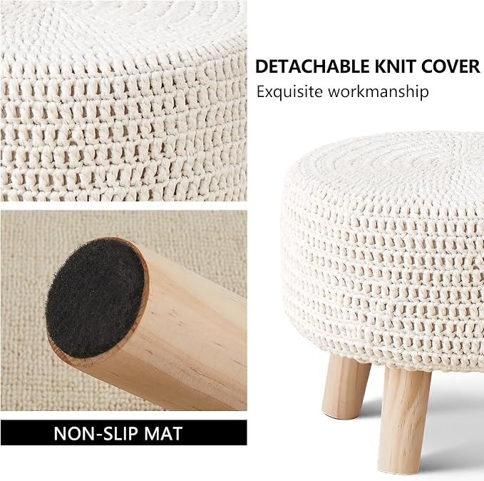 Wimarsbon Pouf Ottoman, 100% Cotton Knitted Boho Footstool, Round Footrest - Image 5