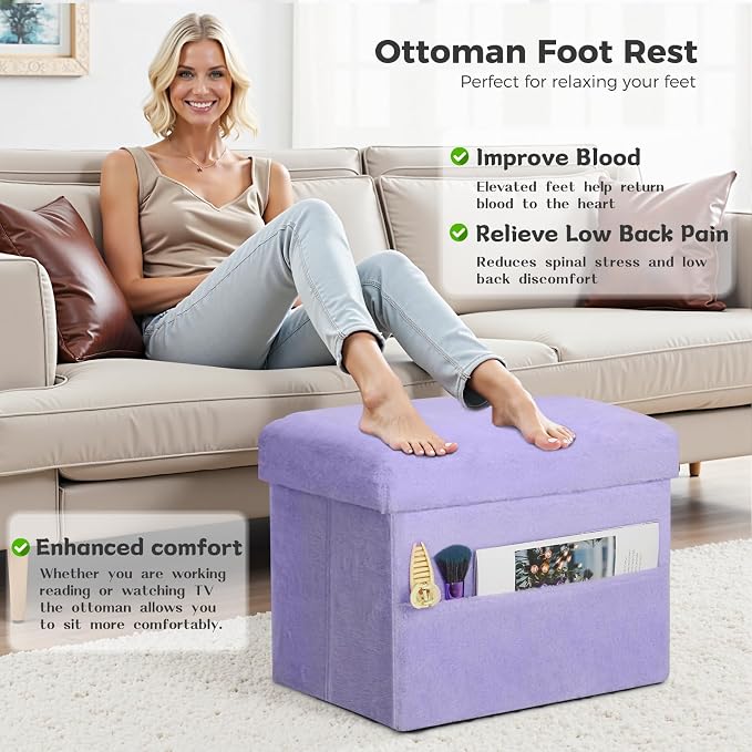 Small Ottoman with Storage, Folding Soft Fur Storage Foot Rest Stool with - Image 2