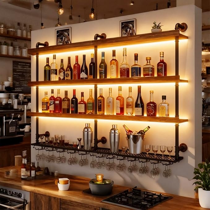 Wall Mounted Wine Rack with LED Lights, 4-Tier Industrial Wood Floating Shelves - Image 3
