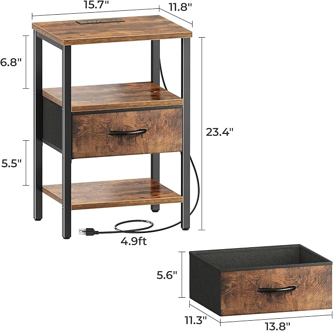 SUPERJARE Nightstand with Charging Station, Bed Side Table with Adjustable - Image 3