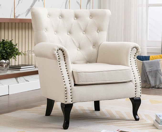 Set of 2 Mid-Century Modern Accent Chair, Linen Fabric Armchair w/Tufted - Image 2