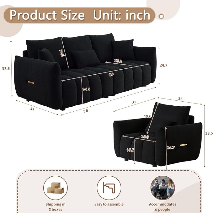 Antetek Teddy Sofa Set for Living Room, Modern Deep Seat Sofa Chair and - Image 2