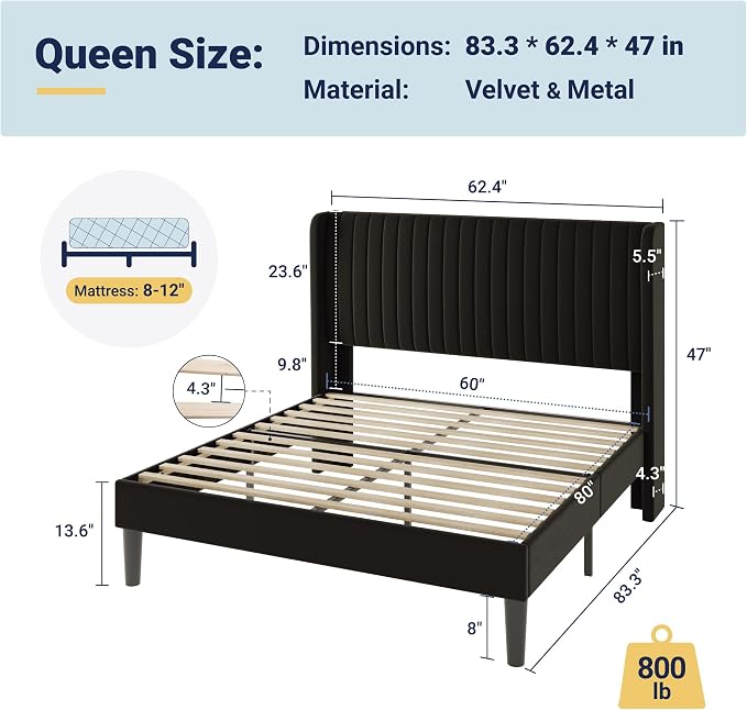 Allewie Queen Size Velvet Bed Frame/Vertical Channel Tufted Wingback - Image 2