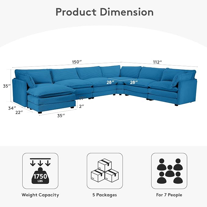 ROWHY 150'' Cloud Modular Sectional Sofa, 7 Seater Sectional Sofa Corduroy - Image 2