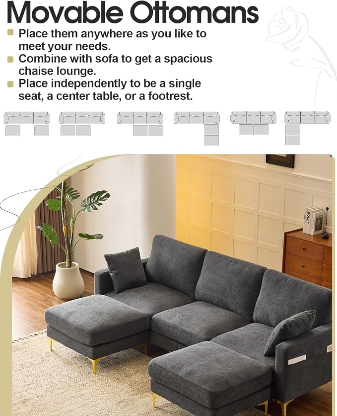 Karl home 99.6" Sectional Sofa, U-Shaped Chenille Upholstered Couch - Image 3