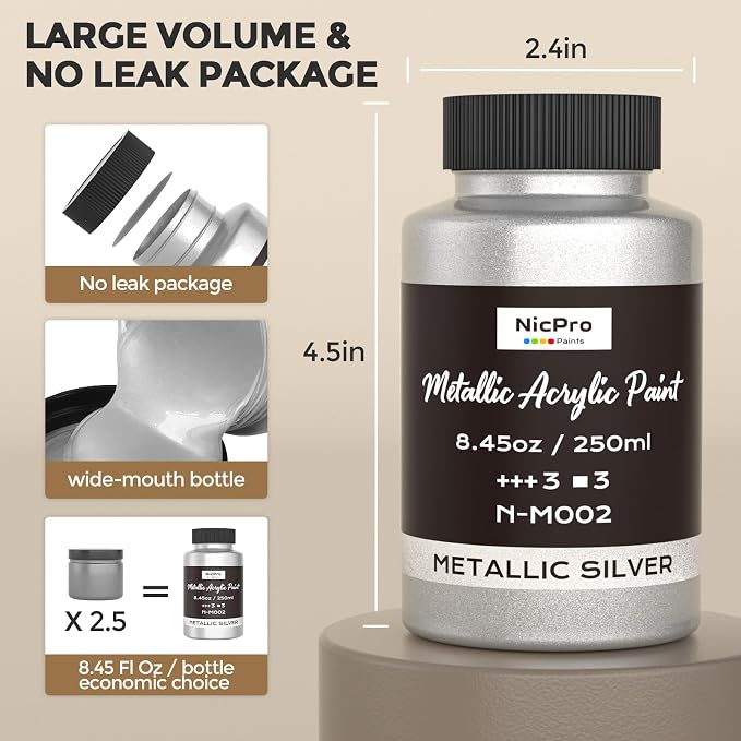 Nicpro Metallic Silver Acrylic Paint, 8.45oz/250ml Silver Leaf Paint, Non Toxic - Image 7
