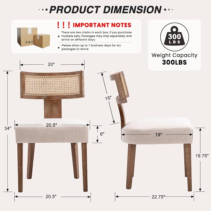 HNY Mid Century Modern Rattan Dining Chairs Set of 4, Farmhouse Linen - Image 2