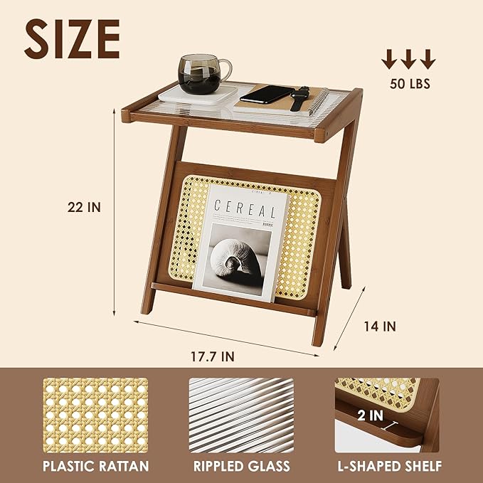 Bamworld Rattan Side Table Boho NightStand Mid Century Modern End Table Glass - Image 2