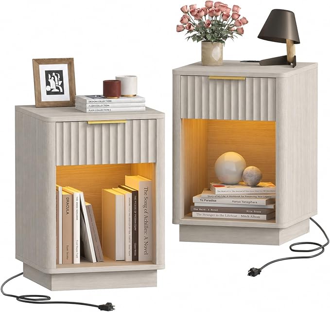 Akxomel Fluted Nightstands Set of 2, Wooden Night Stand by Akxomel