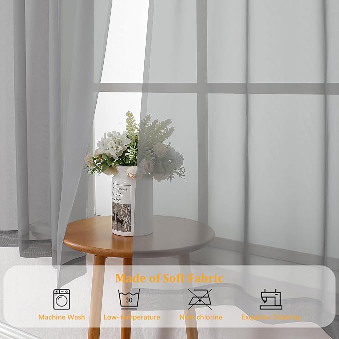 Gwine Light Grey Sheer Curtain Tiers 24 Inch Length, Light Filtering Voile - Image 8
