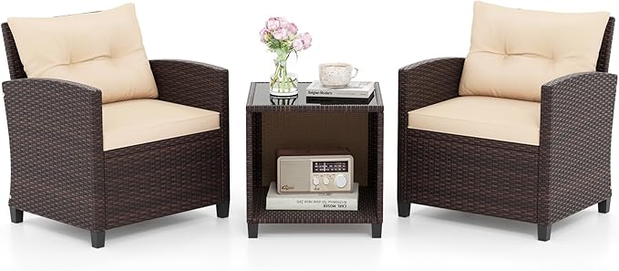 HAPPYGRILL 3 Pieces Patio Conversation Set, Outdoor Rattan Wicker Chairs & by HAPPYGRILL