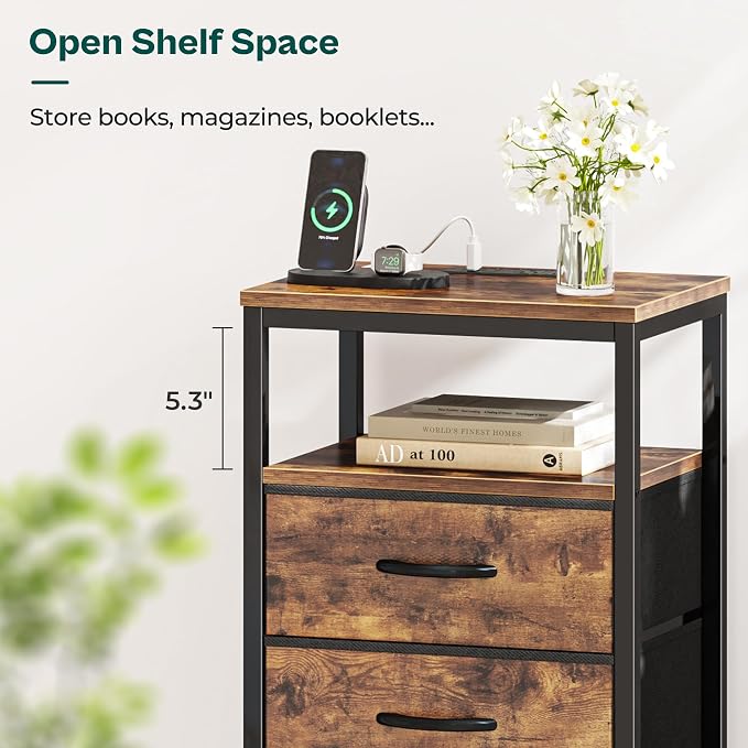 Huuger Nightstand with Charging Station, 27.6 Inch Bedside Table with Fabric - Image 3