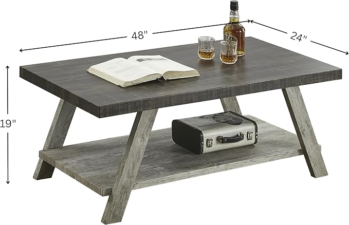 Contemporary Two-Tone Wood Shelf Coffee Table, 48 in Weathered Walnut and Gray - Image 2