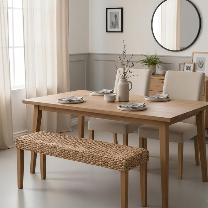 Indoor Bench Wicker for Entryway Bench, Wood Bench for Living Room Dining Bench - Image 3