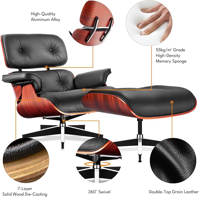 Top Black Grain Leather, Mid Century Chaise Lounge Chair and Ottoman, Modern - Image 5