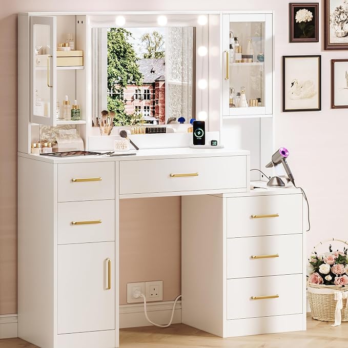 TOKSOM 51" Vanity Desk with Mirror and Lights & Charging Station, Bedroom - Image 8