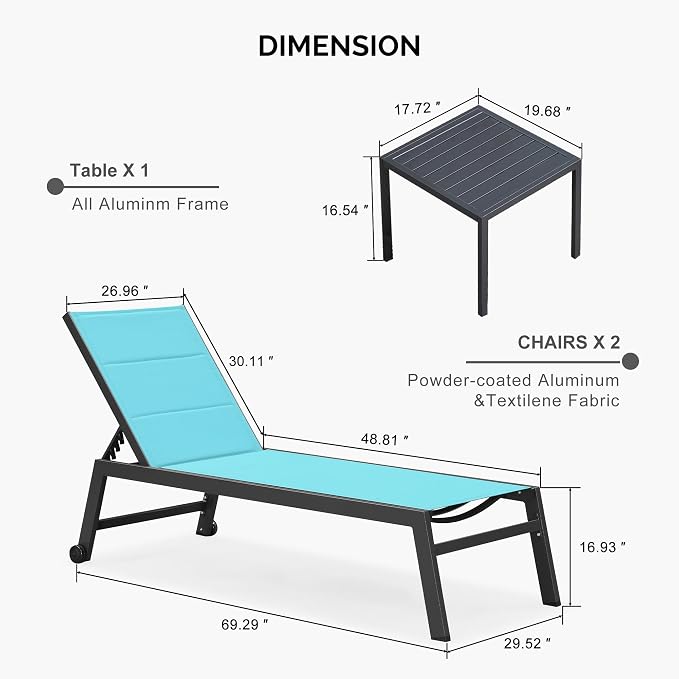 PURPLE LEAF Extra Large Outdoor Chaise Lounge 2 Pieces Aluminum Patio Lounge - Image 8