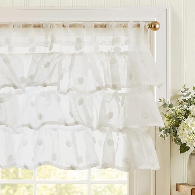 jinchan Ruffled Kitchen Valance Pom-Pom Voile Valance Curtains Sheer Shabby by JINCHAN