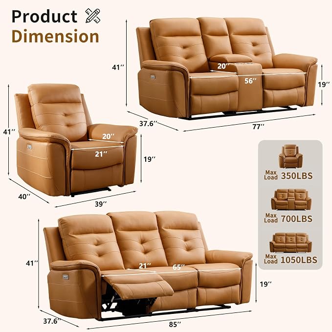 ANJ Oversized Power Reclining Loveseat Sofa Set of 2 - Image 2