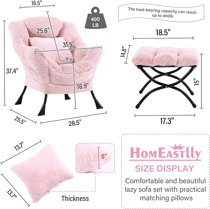 Lazy Chair with Ottoman, Large Pink Accent Chair with Ottoman and FA Throw - Image 3