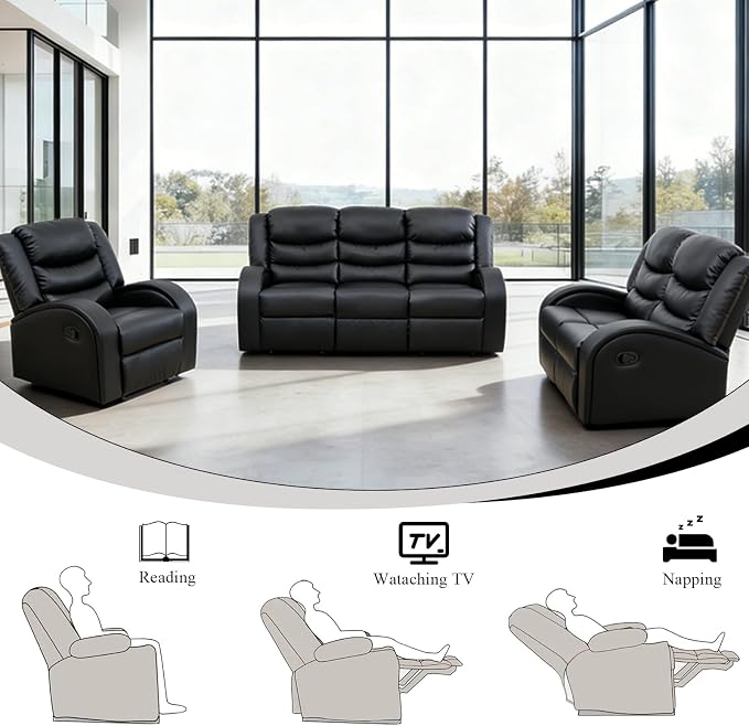 3-Piece Couch Living Room Furniture Sets, Sectional Recliner Sofa Set, Leather - Image 4