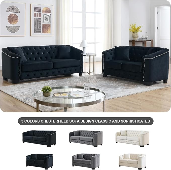 2 Piece Modern Chesterfield Velvet 77" 3-Seater+59" Loveseat Sofa Set, - Image 3