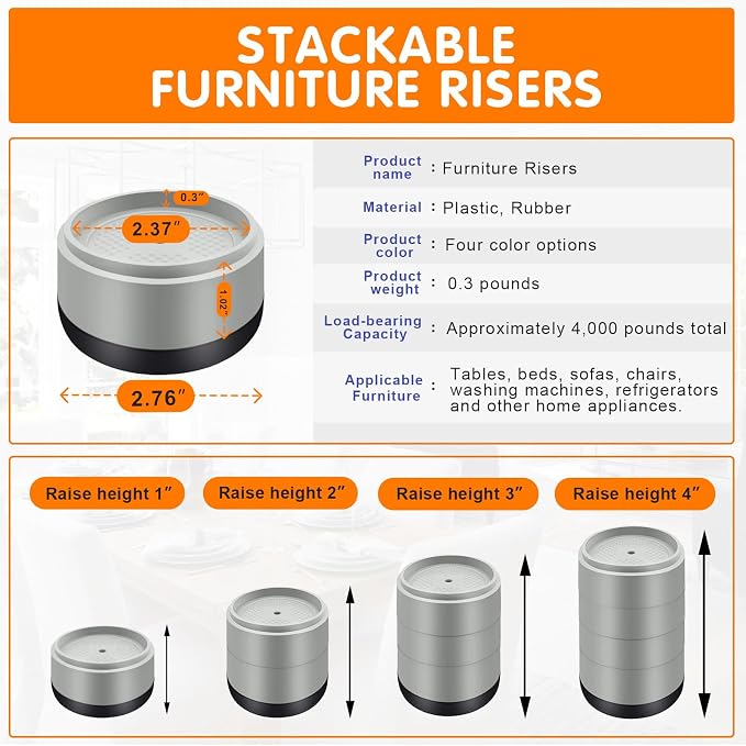 Furniture Risers Bed Risers Heavy Duty 1 inch, 2 inch, 3 inch, 4 inch Round - Image 2