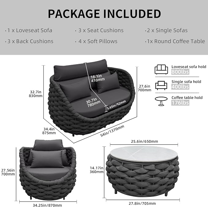 TWT Patio Furniture Sofa Set 4 Pieces Aluminum Outdoor Furniture w/27.8in - Image 3