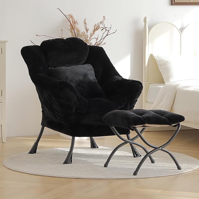 Lazy Chair with Ottoman, Large Black Accent Chair with Ottoman and FA Throw - Image 4