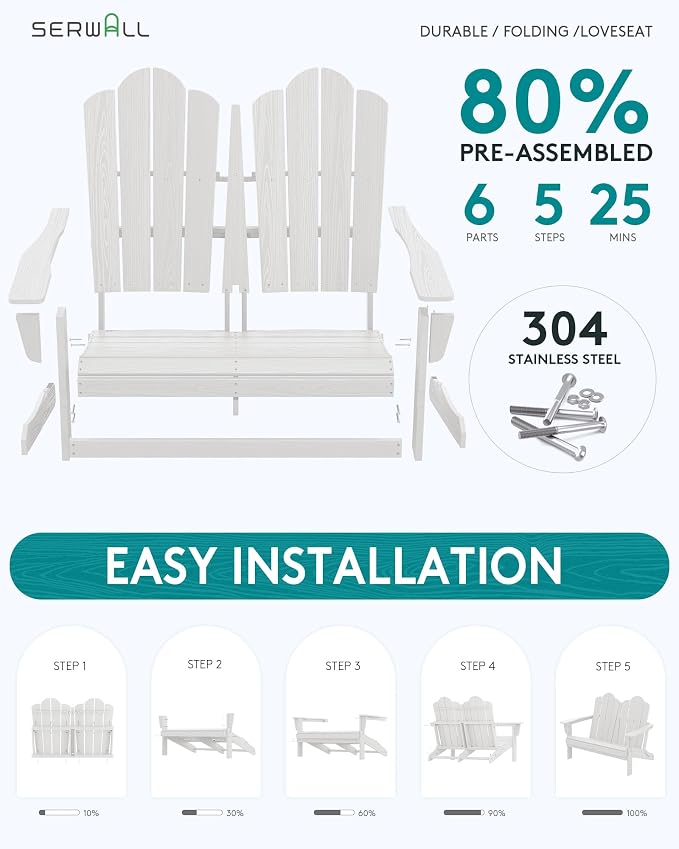 SERWALL 3 Pieces Patio Adirondack Bench Set, 2 Folding Adirondack Bench & 1 - Image 5